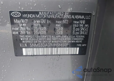 2021 Hyundai Santa Fe Sel из США, поврежденный, VIN 5NMS3DAJ7MH366509